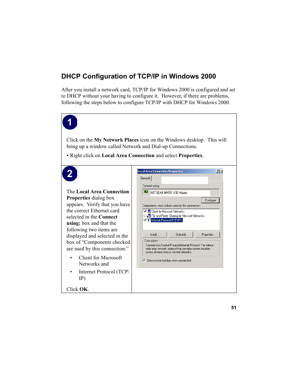 Dhcp configuration of tcp/ip in windows 2000 | NETGEAR MA101 User Manual | Page 57 / 67