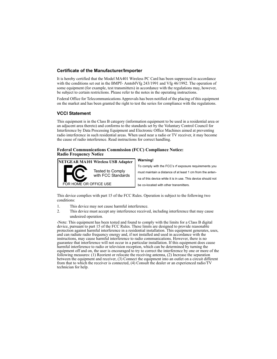 Certificate of the manufacturer/importer, Vcci statement | NETGEAR MA101 User Manual | Page 65 / 67