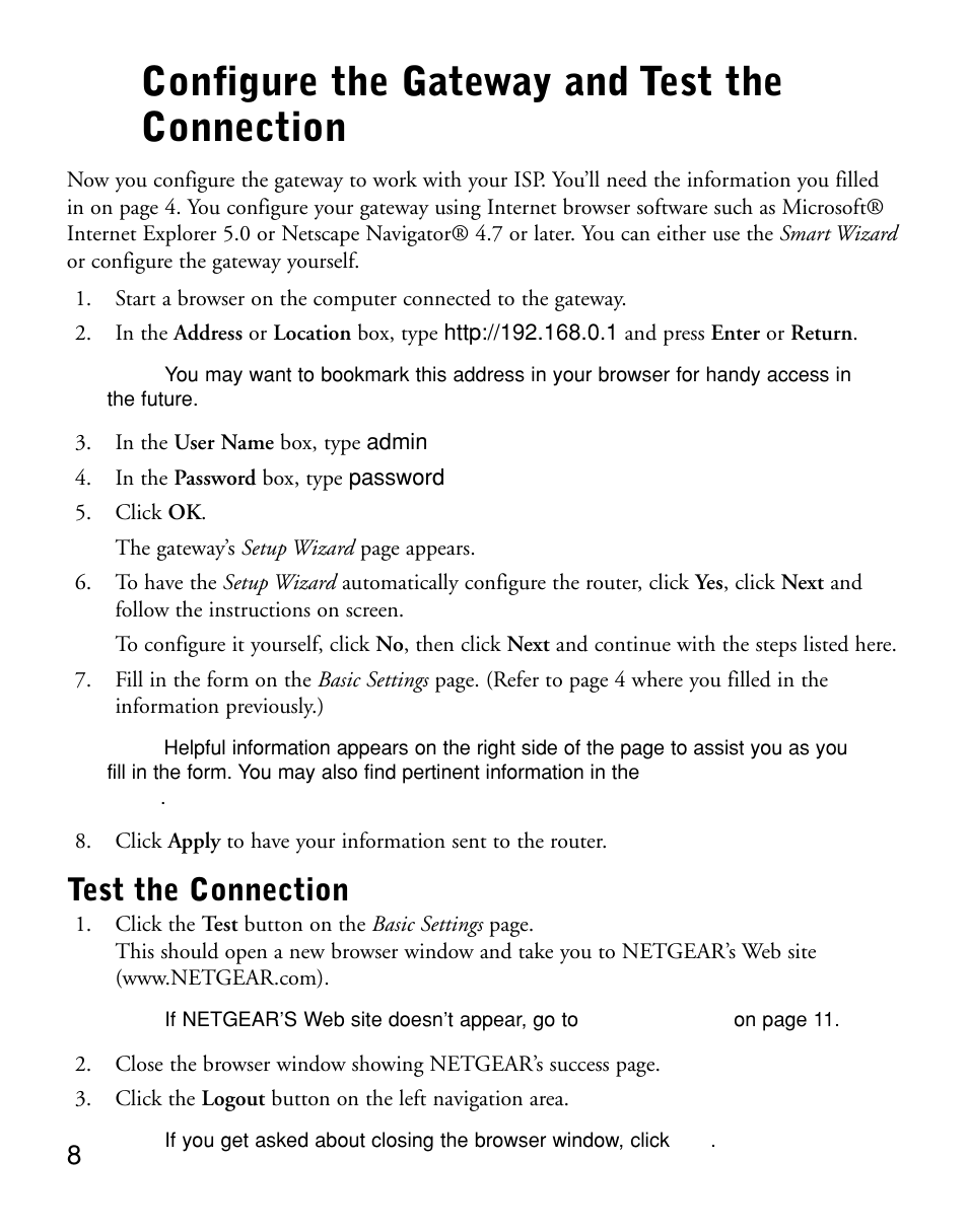 Configure the gateway and test the connection | NETGEAR DG814 User Manual | Page 10 / 16