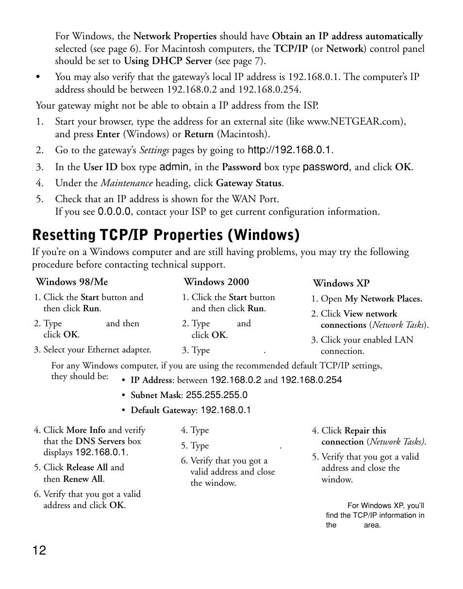 Resetting tcp/ip properties (windows) | NETGEAR DG814 User Manual | Page 14 / 16