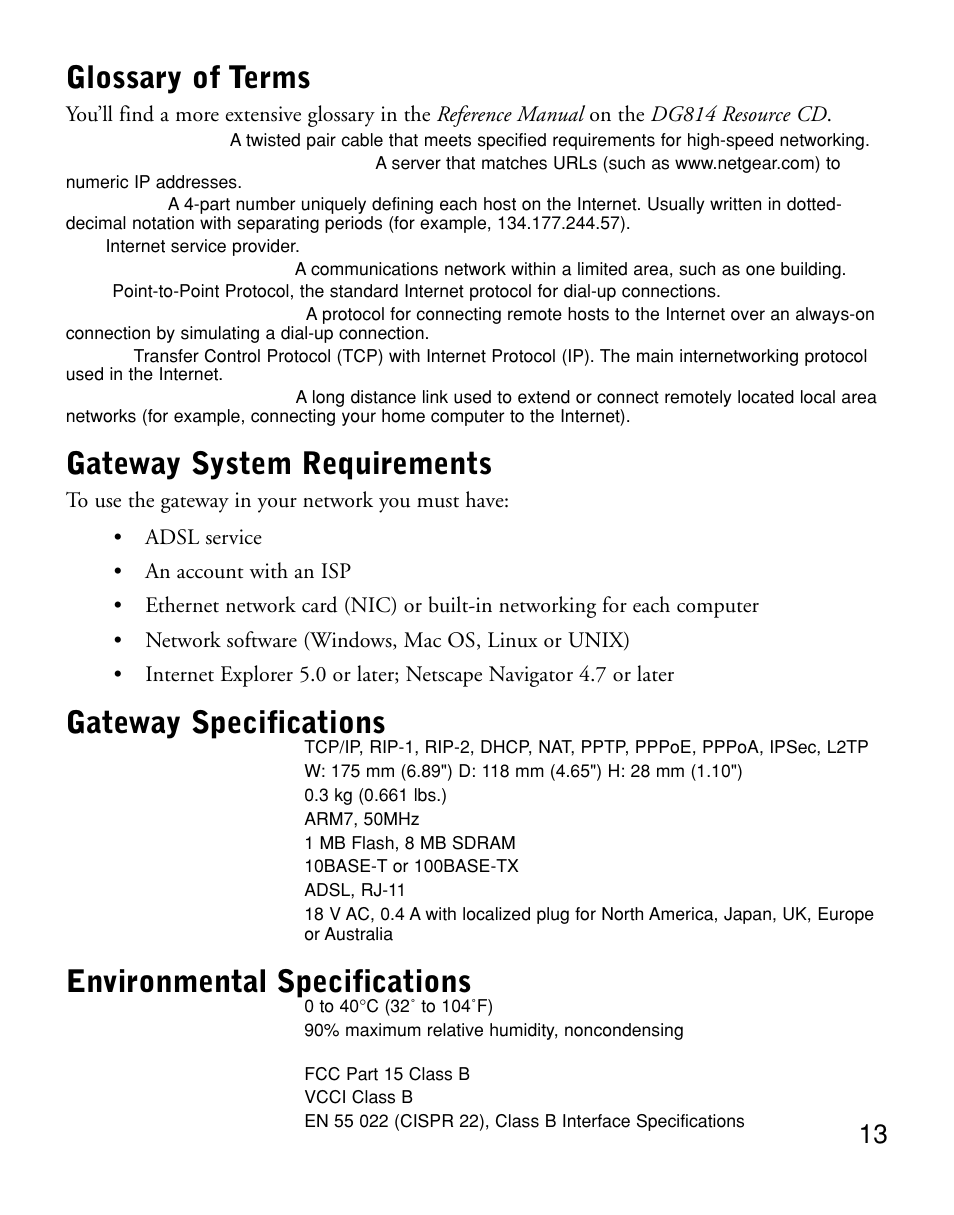 Glossary of terms, Gateway system requirements, Gateway specifications | Environmental specifications | NETGEAR DG814 User Manual | Page 15 / 16