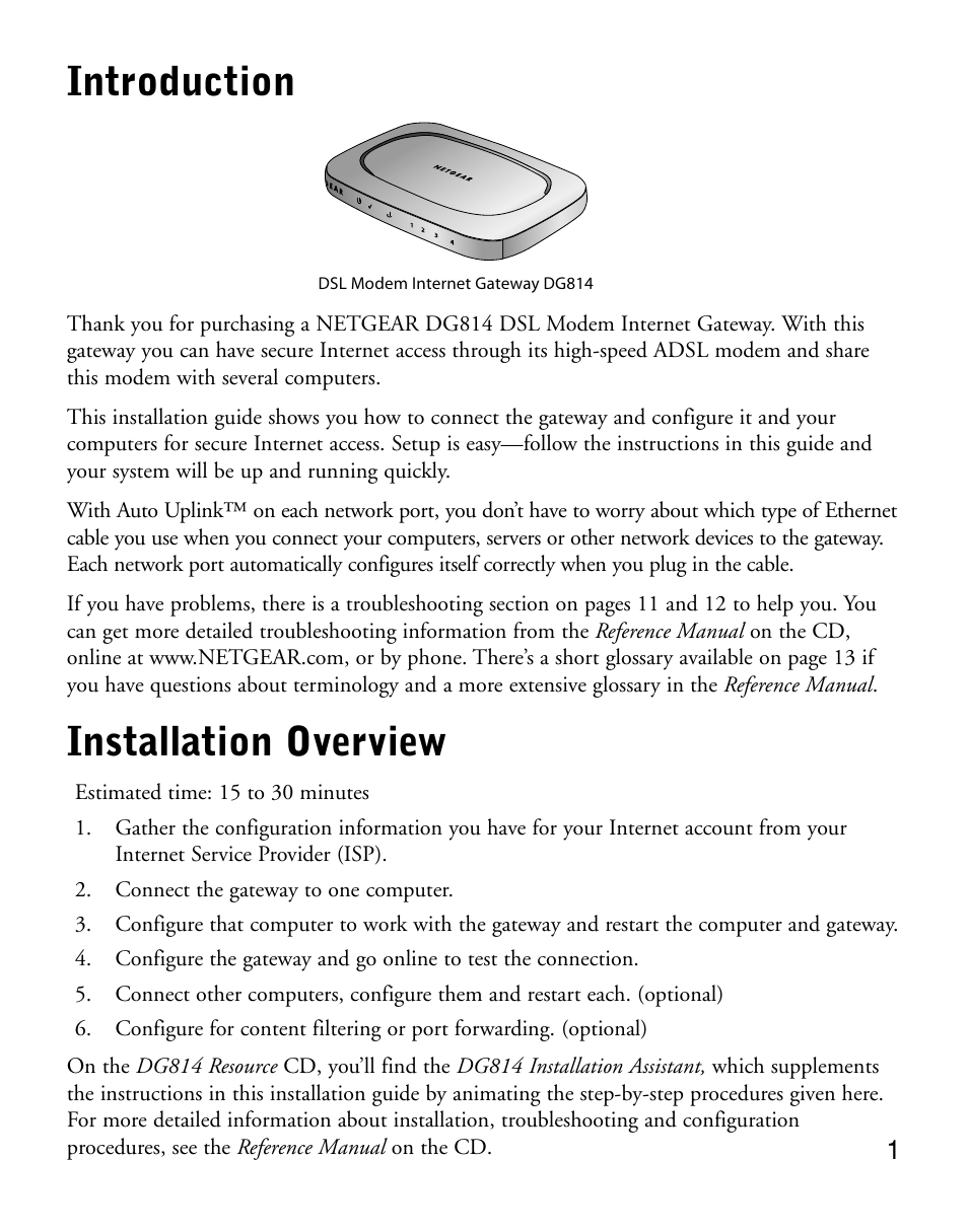 Introduction, Installation overview | NETGEAR DG814 User Manual | Page 3 / 16