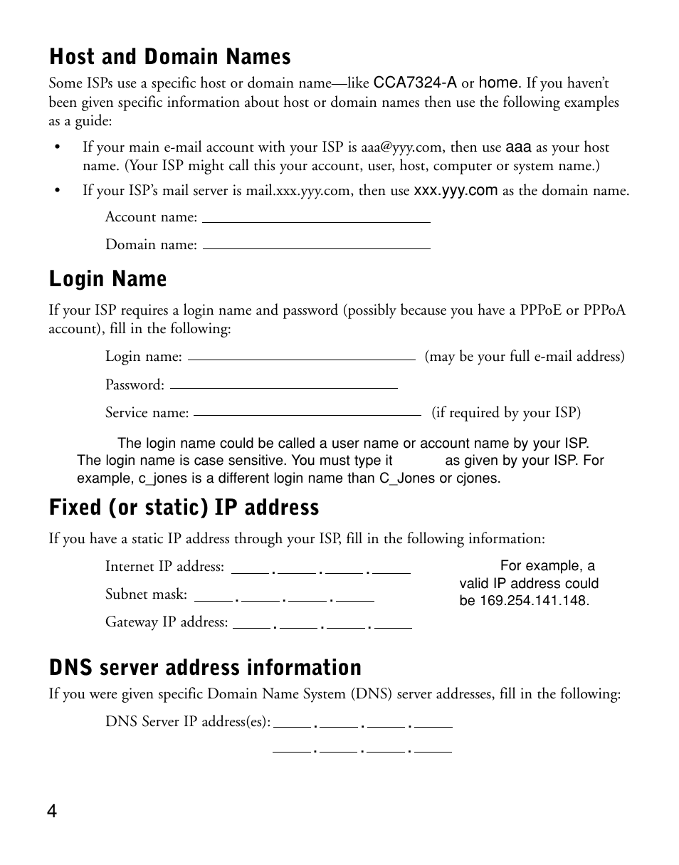 Host and domain names, Login name, Fixed (or static) ip address | Dns server address information | NETGEAR DG814 User Manual | Page 6 / 16