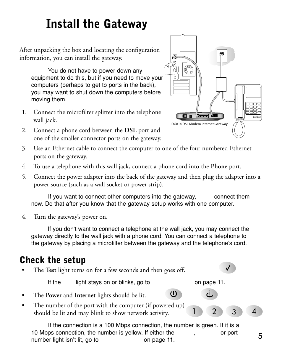 Install the gateway, Check the setup | NETGEAR DG814 User Manual | Page 7 / 16