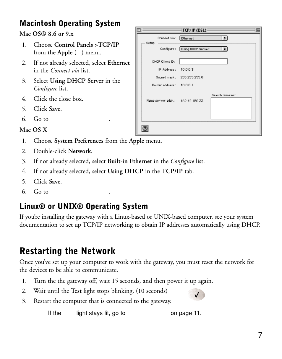 Restarting the network, Macintosh operating system, Linux® or unix® operating system | NETGEAR DG814 User Manual | Page 9 / 16