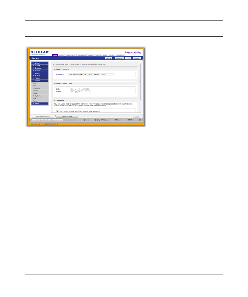 Adjusting system settings, Clock, system time, and ntp options, Adjusting system settings -24 | Clock, system time, and ntp options -24 | NETGEAR ReadyNAS Pro Business Edition User Manual | Page 46 / 120