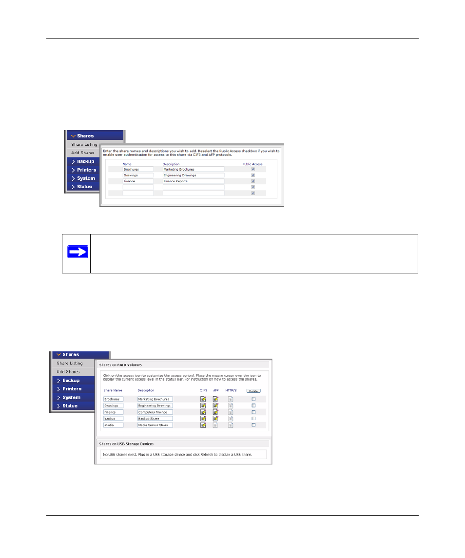 Adding shares, Managing shares, Adding shares -11 | Managing shares -11 | NETGEAR ReadyNAS Pro Business Edition User Manual | Page 65 / 120