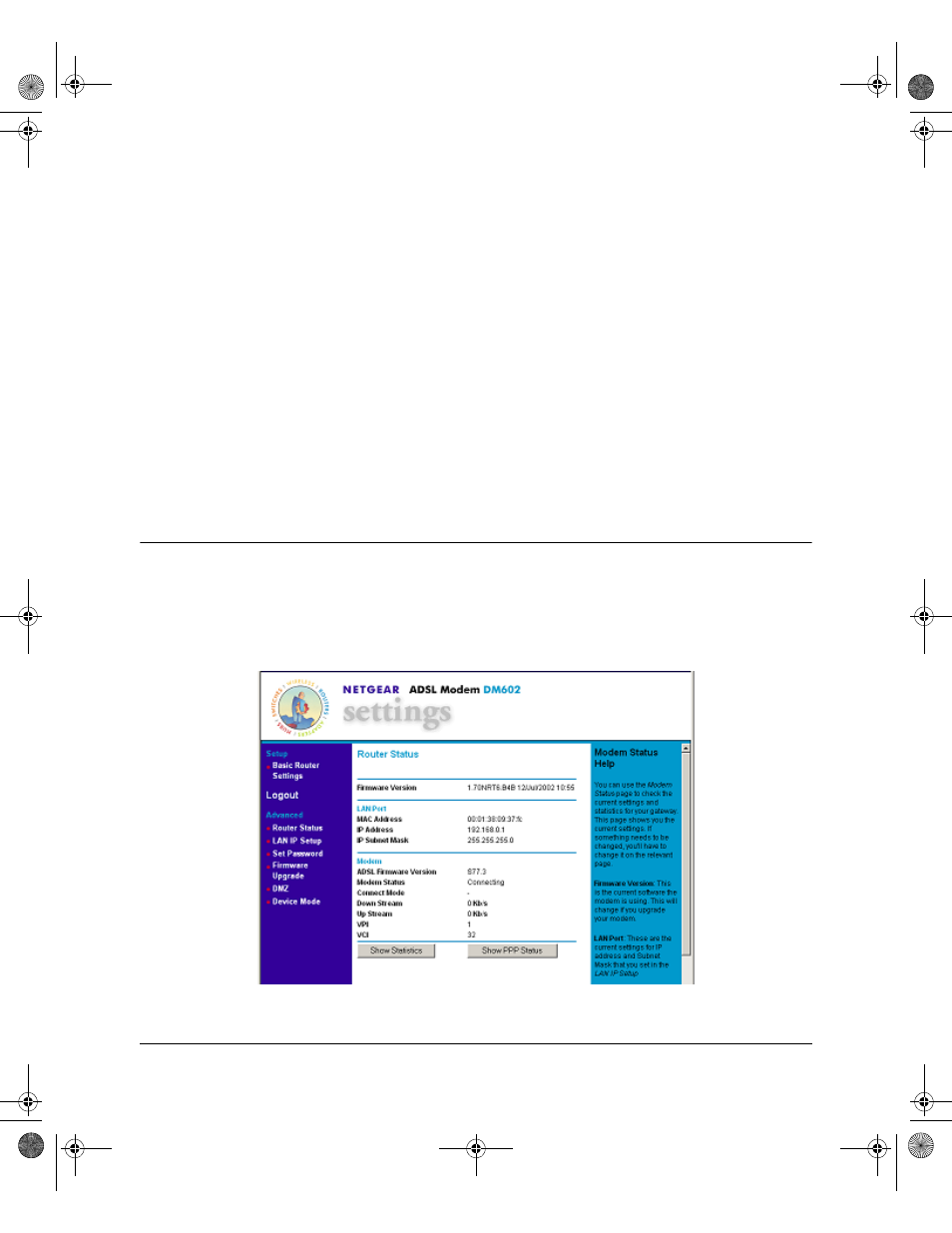 Chapter 5 advanced configuration of the modem, Router device mode status, Chapter 5 | Advanced configuration of the modem, Router device mode status -1 | NETGEAR DM602 User Manual | Page 41 / 66
