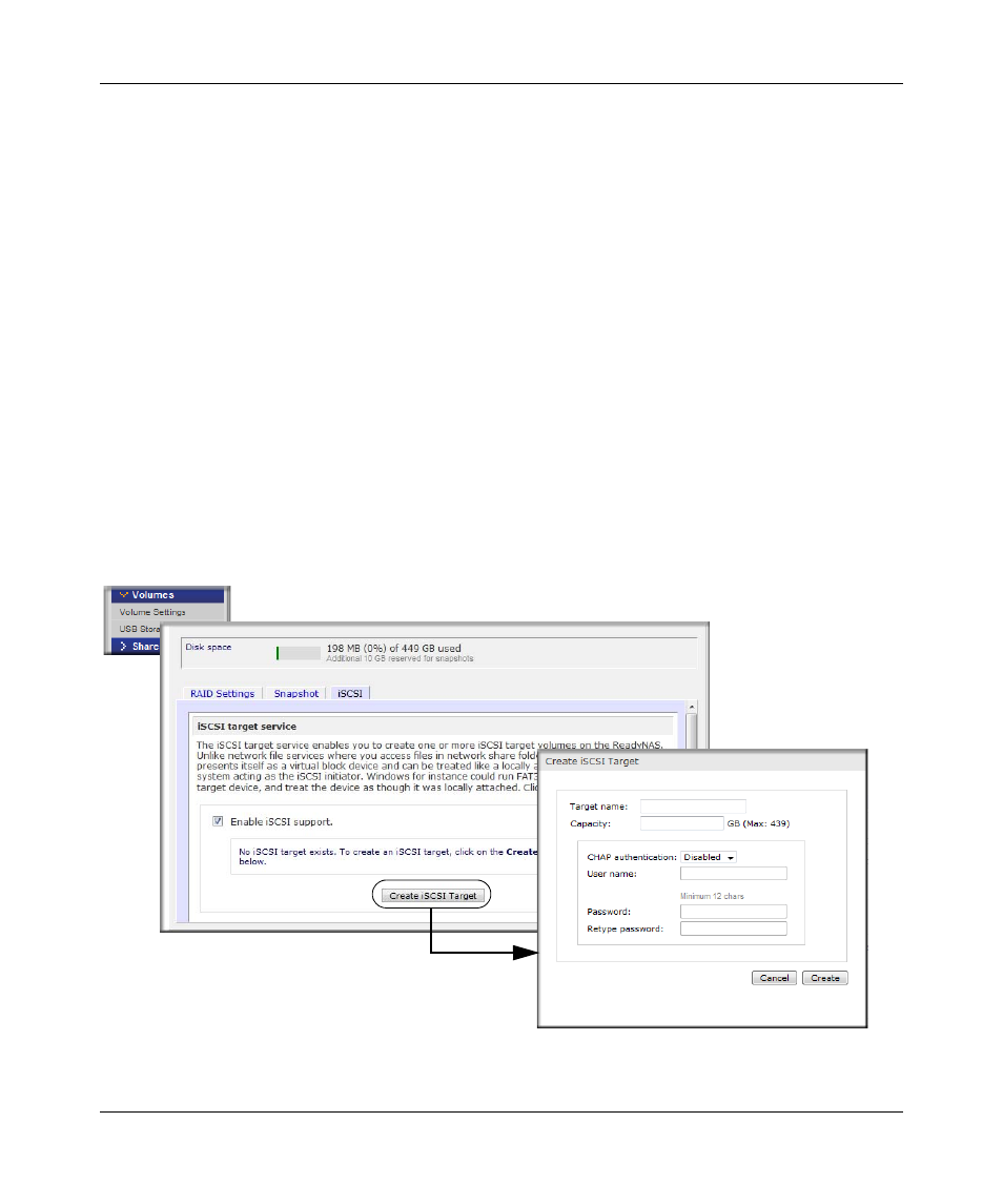 Working with iscsi target volumes, Working with iscsi target volumes -19 | NETGEAR ReadyNAS 2100 User Manual | Page 37 / 126