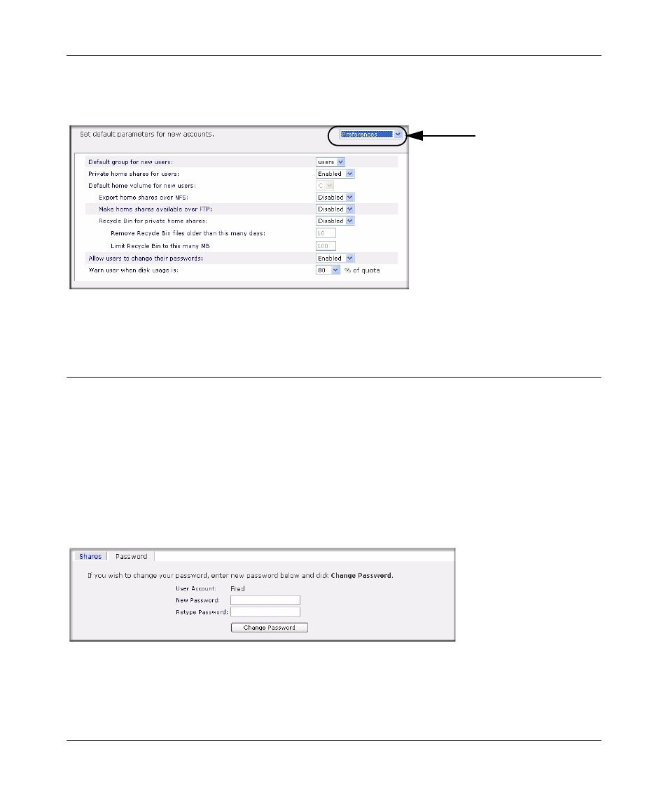 Setting accounts preferences, Changing user passwords, Setting accounts preferences -10 | Changing user passwords -10 | NETGEAR ReadyNAS 2100 User Manual | Page 58 / 126
