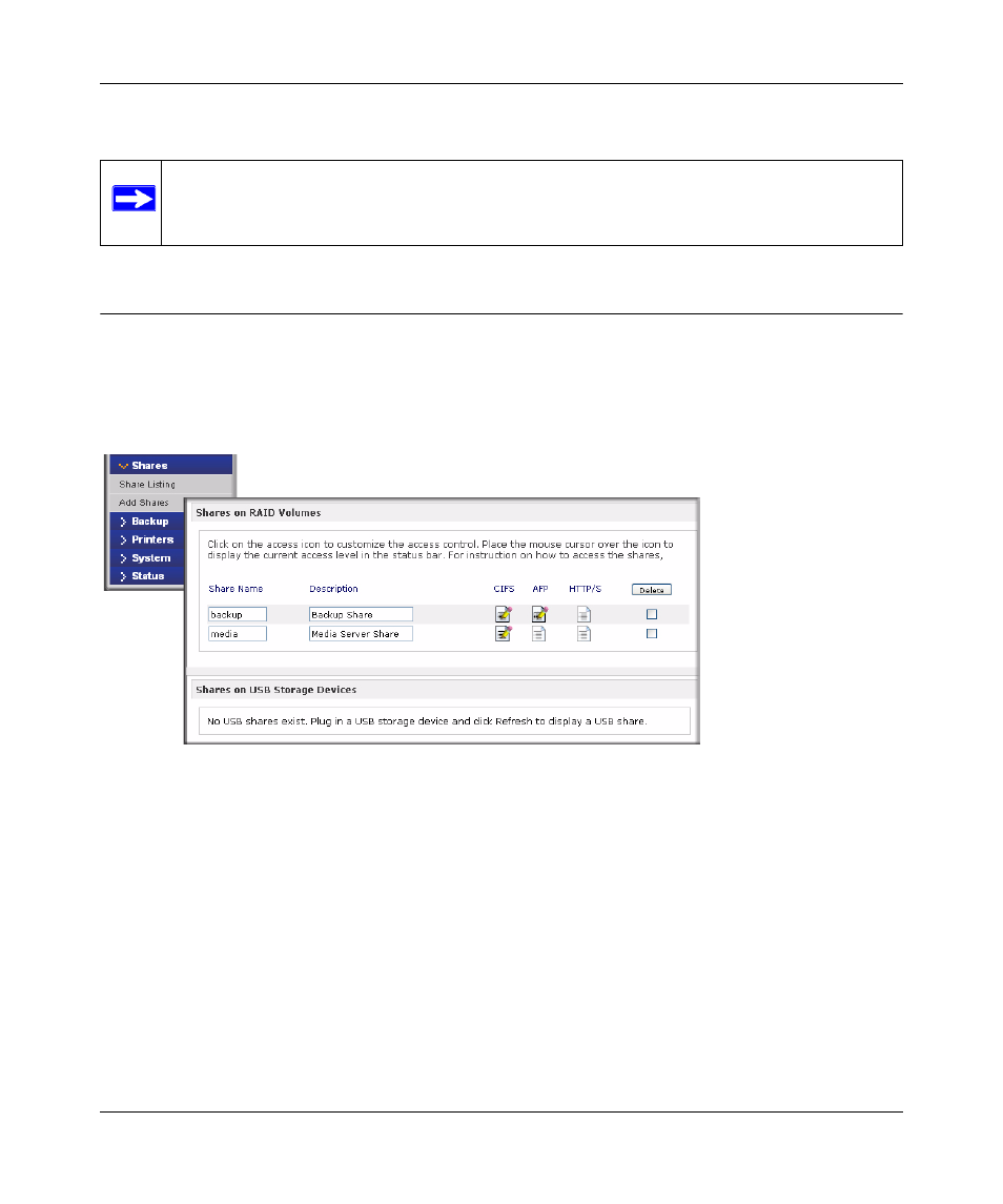 Managing shares, Adding shares, Managing shares -11 | Adding shares -11 | NETGEAR ReadyNAS 2100 User Manual | Page 59 / 126