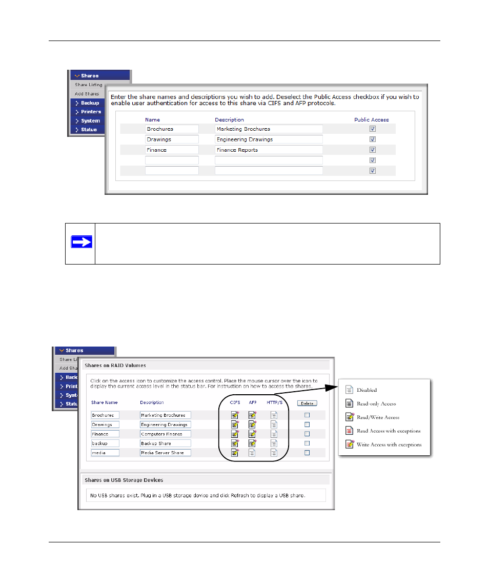 Managing shares, Managing shares -12 | NETGEAR ReadyNAS 2100 User Manual | Page 60 / 126