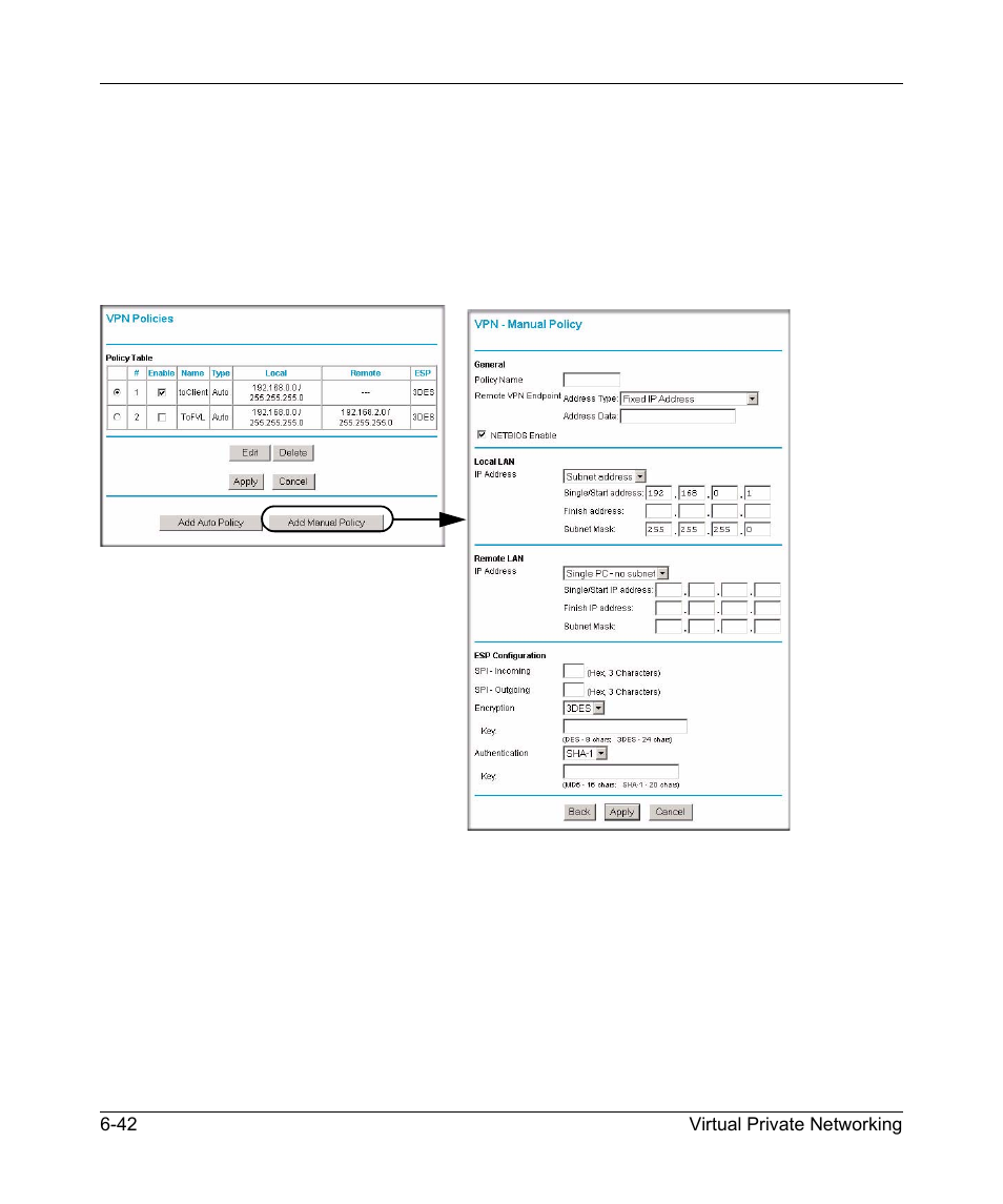 Using manual policy to configure vpn tunnels, Using manual policy to configure vpn tunnels -42, Manual | NETGEAR 54 Mbps Wireless ADSL Firewall DG834G User Manual | Page 136 / 176