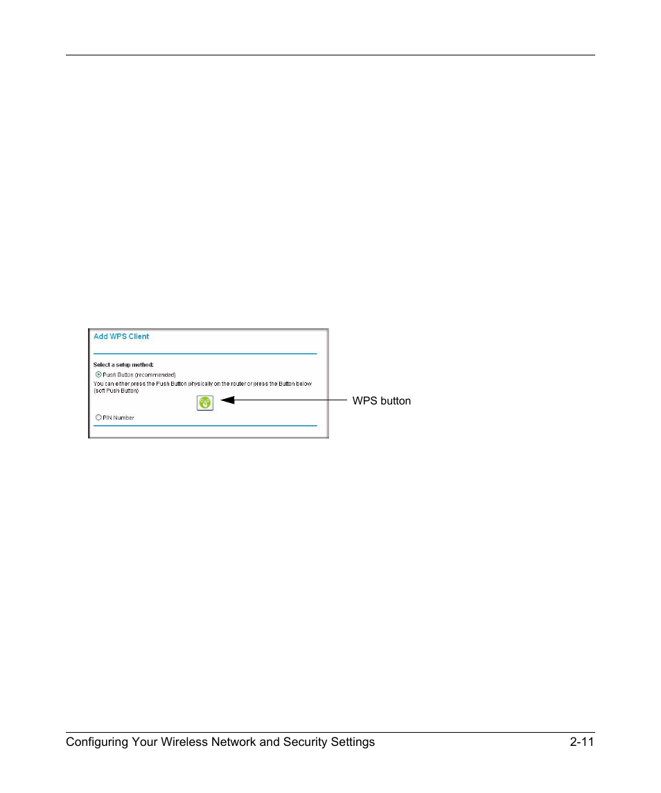 Using a wps button to add a wps client, Using a wps button to add a wps client -11, Od. see the following section | Using a, Wps button to add a wps client | NETGEAR 54 Mbps Wireless ADSL Firewall DG834G User Manual | Page 39 / 176