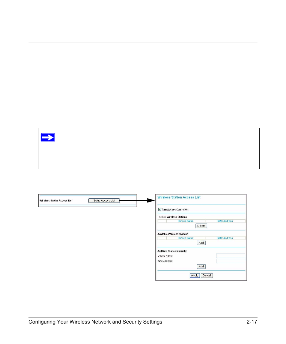 Restricting access by mac address, Restricting access by mac address -17 | NETGEAR 54 Mbps Wireless ADSL Firewall DG834G User Manual | Page 45 / 176
