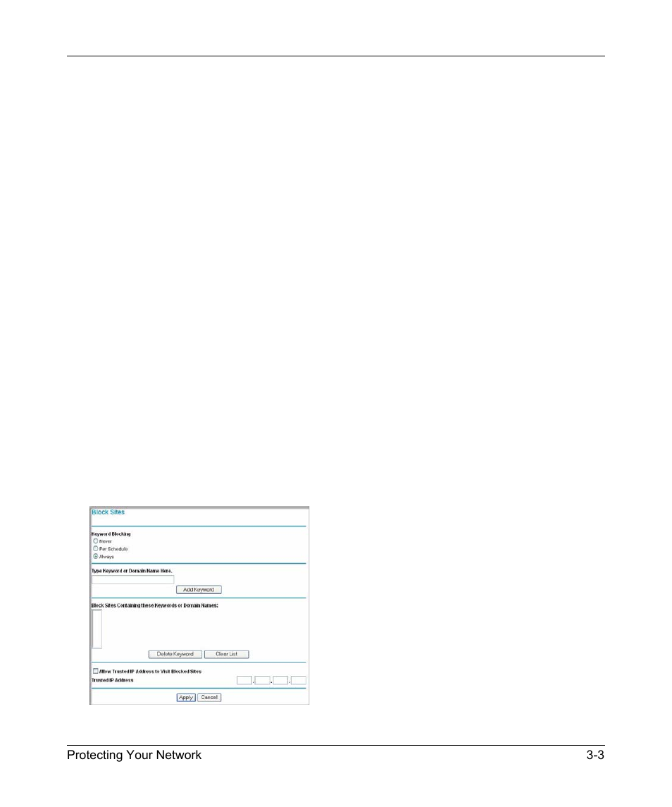 Blocking keywords, sites, and services, Blocking keywords and sites | NETGEAR 54 Mbps Wireless ADSL Firewall DG834G User Manual | Page 49 / 176