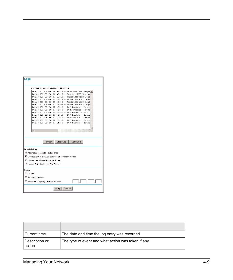 Viewing, selecting, and saving logged information | NETGEAR 54 Mbps Wireless ADSL Firewall DG834G User Manual | Page 69 / 176