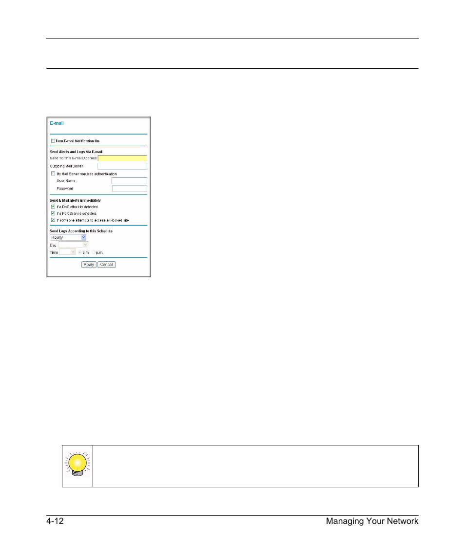 Enabling security event e-mail notification, Enabling security event e-mail notification -12 | NETGEAR 54 Mbps Wireless ADSL Firewall DG834G User Manual | Page 72 / 176
