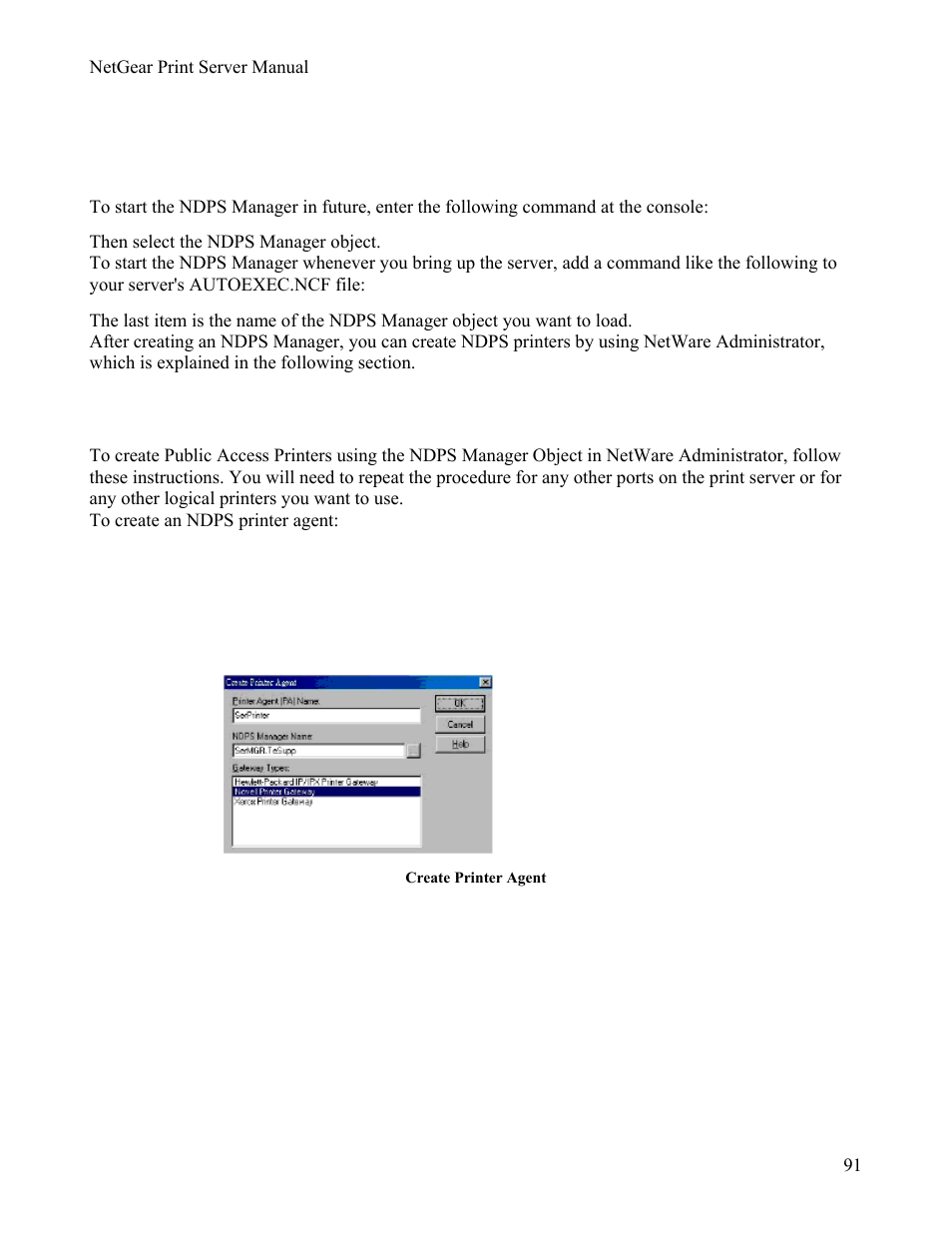 Load ndpsm, Creating an ndps printer agent, Create printer agent window | NETGEAR PS111W User Manual | Page 100 / 106
