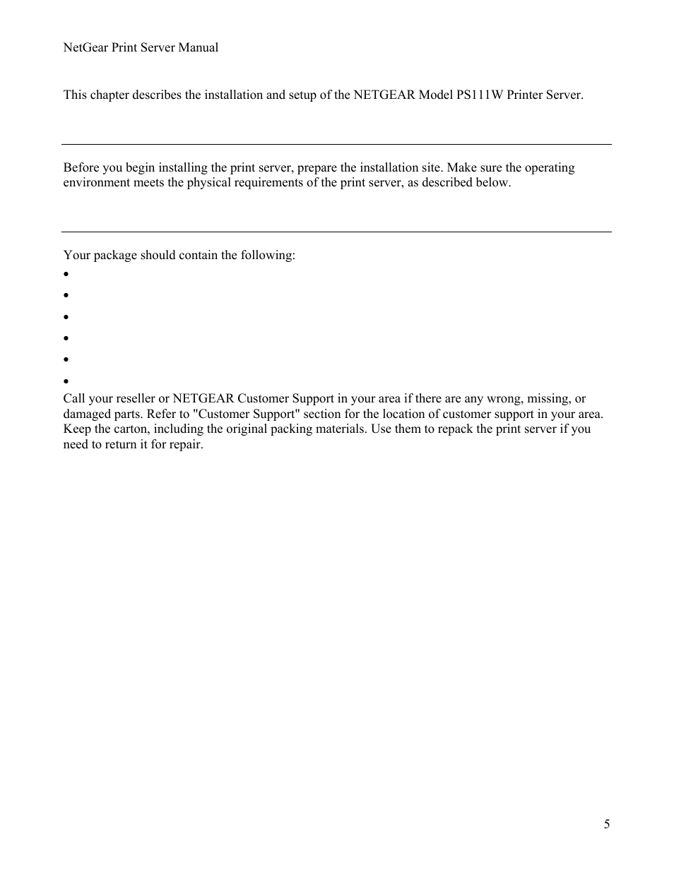Chapter 2installation, 1preparing the site, 2verifying package contents | Chapter 2, Installation, Reparing the, Erifying, Ackage, Ontents, Chapter 2 installation | NETGEAR PS111W User Manual | Page 14 / 106