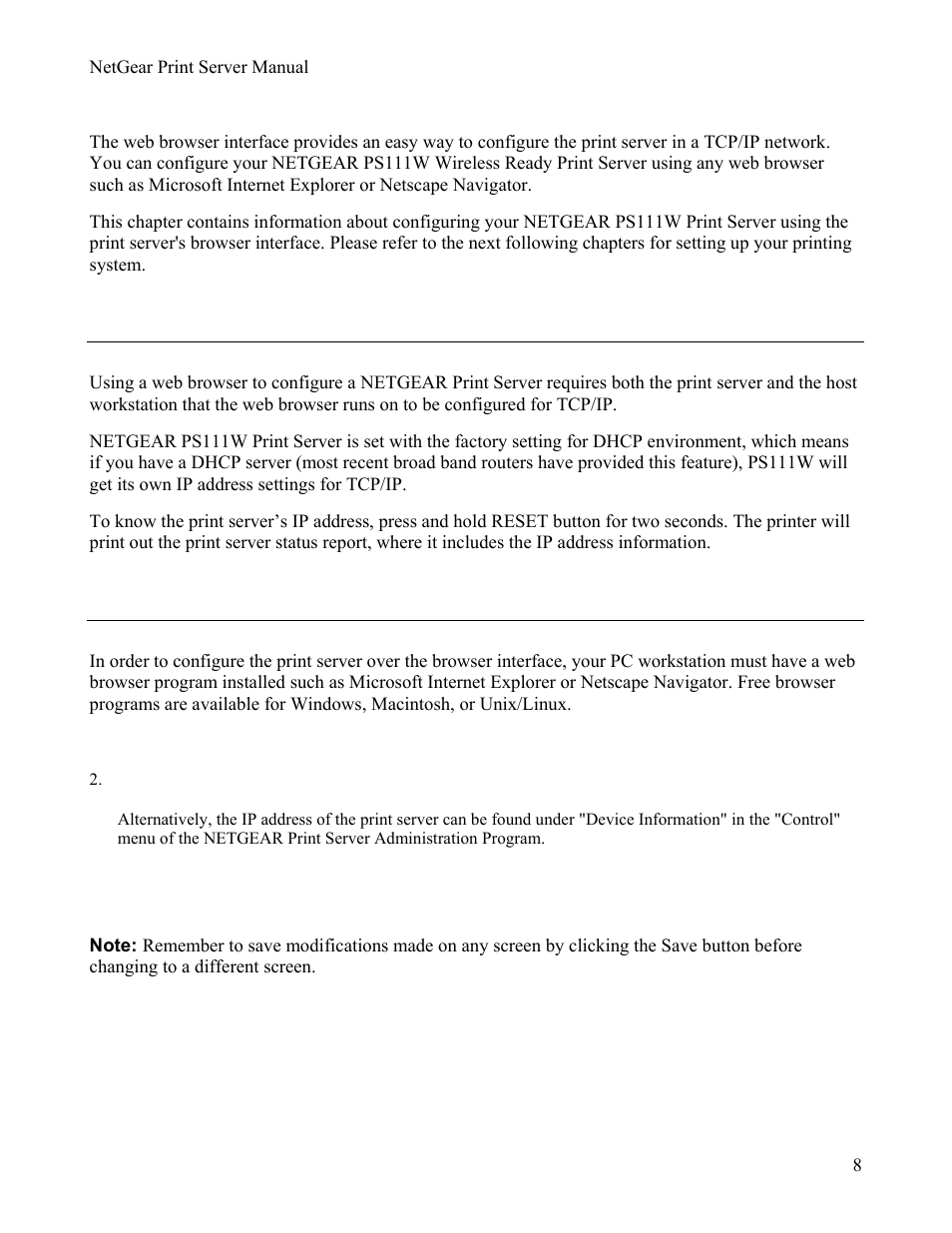 Chapter 3web management for print server, 1configuring print server for tcp/ip, 2connecting to the print server | Chapter 3, Web management for print server, Onfiguring, Rint, Erver for, Tcp/ip, Onnecting to the | NETGEAR PS111W User Manual | Page 17 / 106