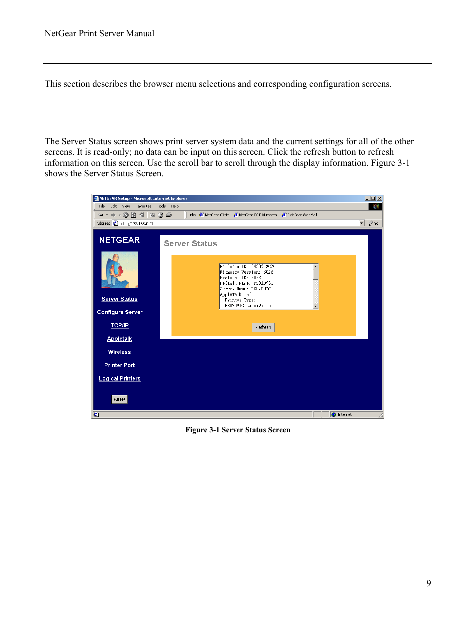 3browser menu selections and configuration screens, Server status, Rowser | Enu selections and, Onfiguration, Creens | NETGEAR PS111W User Manual | Page 18 / 106
