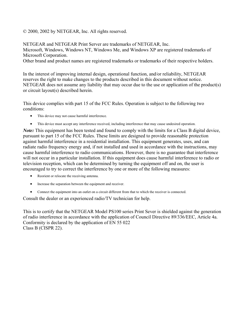 Trademarks, Statement of conditions, En 55 022 declaration of conformance | NETGEAR PS111W User Manual | Page 2 / 106
