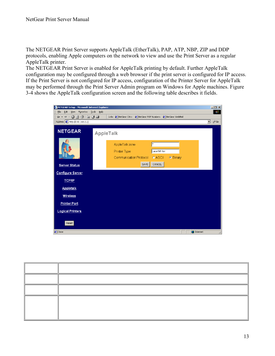Appletalk, Apple talk configuration fields | NETGEAR PS111W User Manual | Page 22 / 106