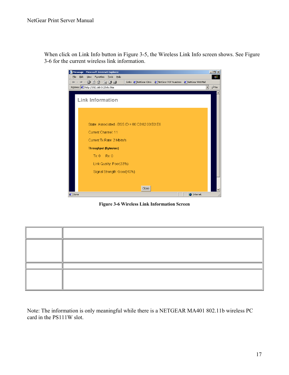 Wireless link info, Wireless link info fields | NETGEAR PS111W User Manual | Page 26 / 106