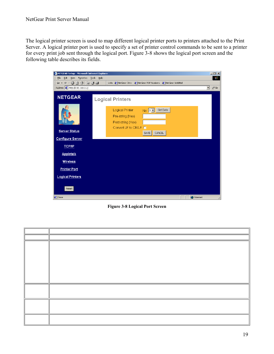 Logical printer, Logical port fields | NETGEAR PS111W User Manual | Page 28 / 106