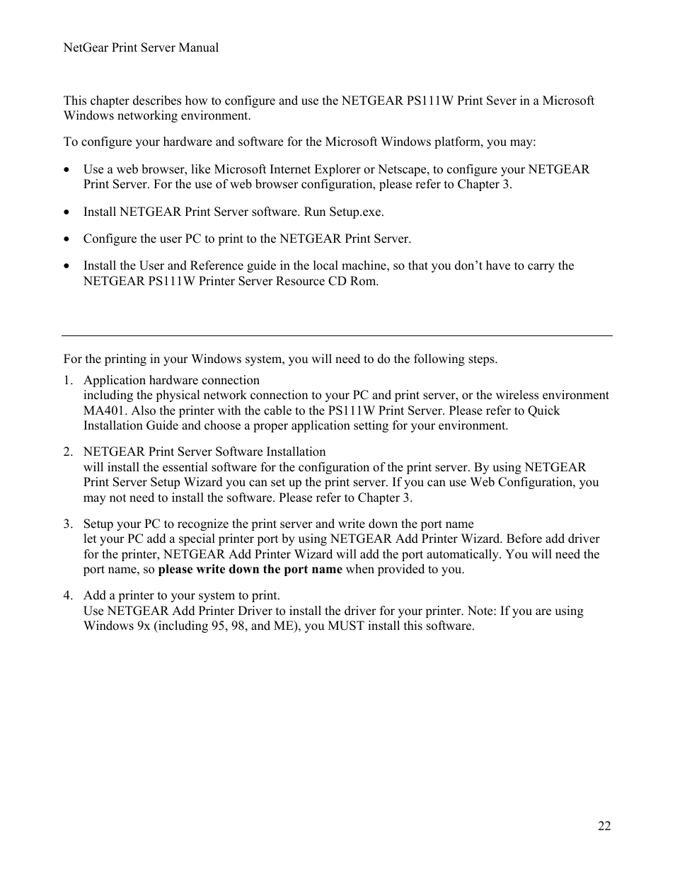 Chapter 4microsoft windows system printing, 1printing in windows, Chapter 4 | Microsoft windows system printing, Rinting in, Indows, Chapter 4 microsoft windows system printing, 1 printing in windows | NETGEAR PS111W User Manual | Page 31 / 106