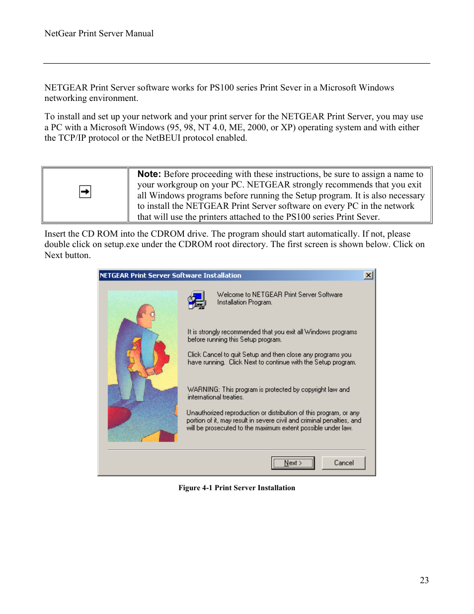 2netgear print server software installation, Netgear p, Rint | Erver, Oftware, Nstallation, 2 netgear print server software installation | NETGEAR PS111W User Manual | Page 32 / 106