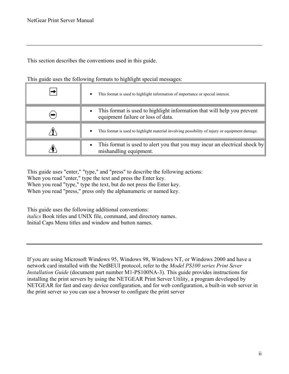 Conventions, Special message formats, Use of enter, type, and press | Other conventions, Related publication | NETGEAR PS111W User Manual | Page 6 / 106
