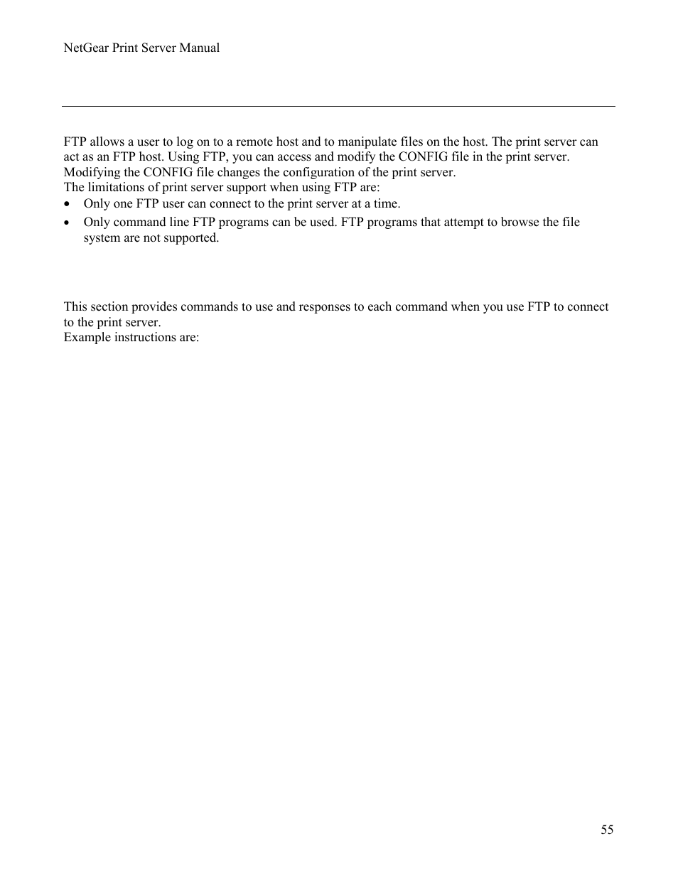 2configuring your print server using ftp, Configuration example, Onfiguring | Rint, Erver, Sing, 2 configuring your print server using ftp | NETGEAR PS111W User Manual | Page 64 / 106