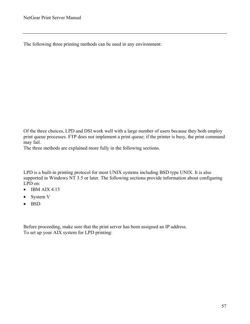 3setting the print method, Lpd configuration and printing, Configuring lpd on ibm aix 4.15 | Etting the, Rint, Ethod, 3 setting the print method | NETGEAR PS111W User Manual | Page 66 / 106