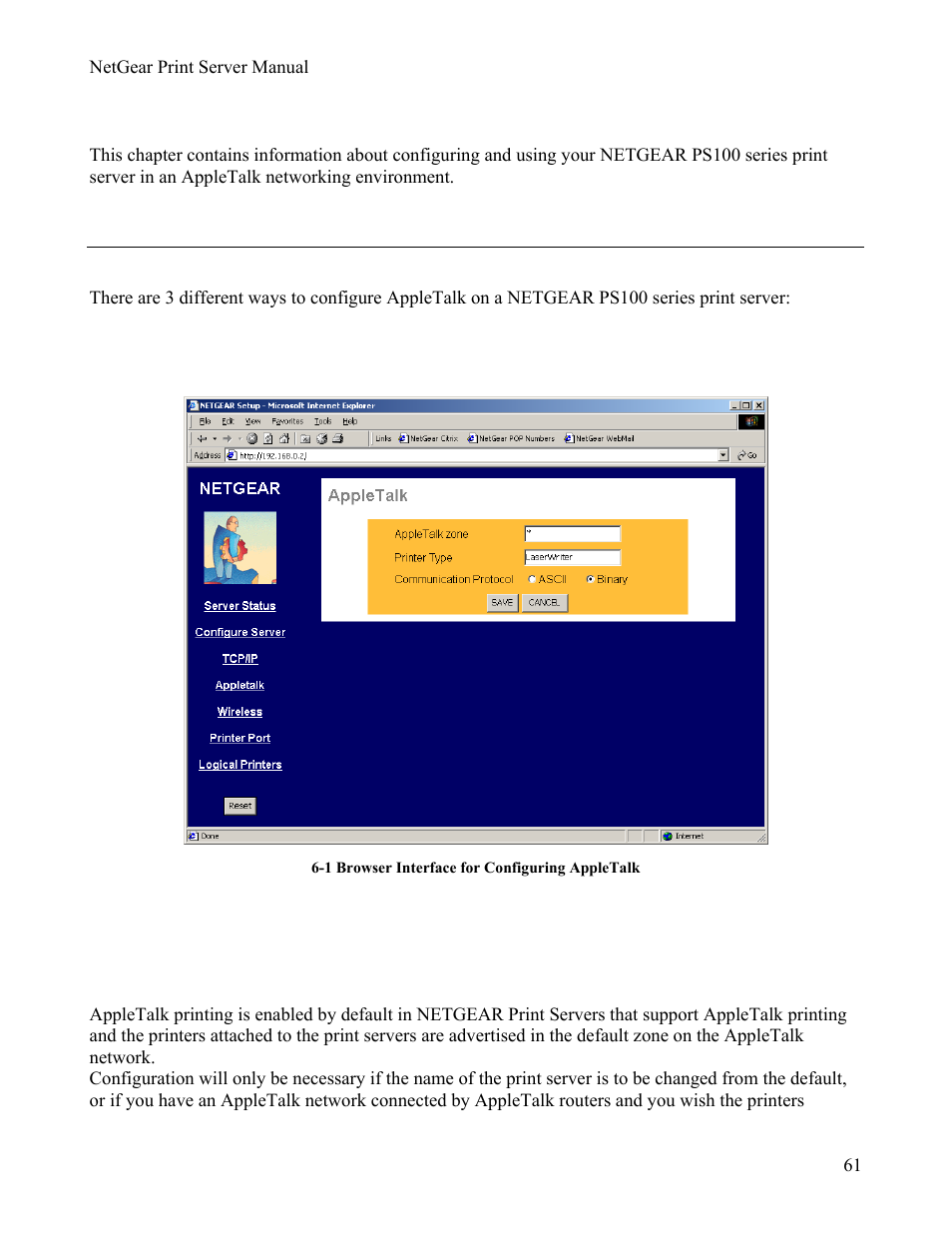 Chapter 6appletalk printing, 1setting up print server for appletalk, Chapter 6 | Appletalk printing, Etting up, Rint, Erver for, Pple, Chapter 6 appletalk printing, 1 setting up print server for appletalk | NETGEAR PS111W User Manual | Page 70 / 106