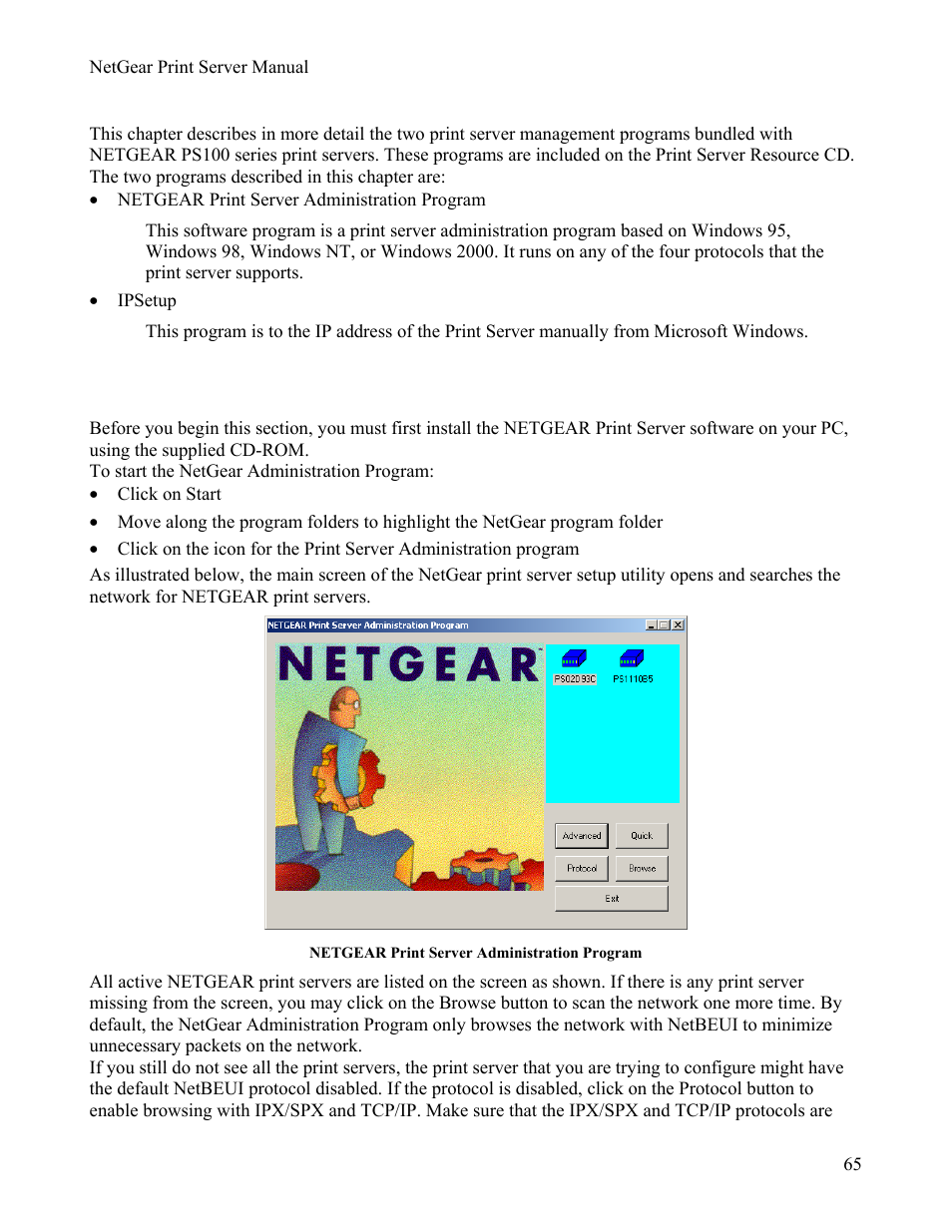 Chapter 7using advanced management tools, Chapter 7, Using advanced management tools | Onfiguration, Sing the, Netgear p, Rint, Erver, Dministration, Rogram | NETGEAR PS111W User Manual | Page 74 / 106