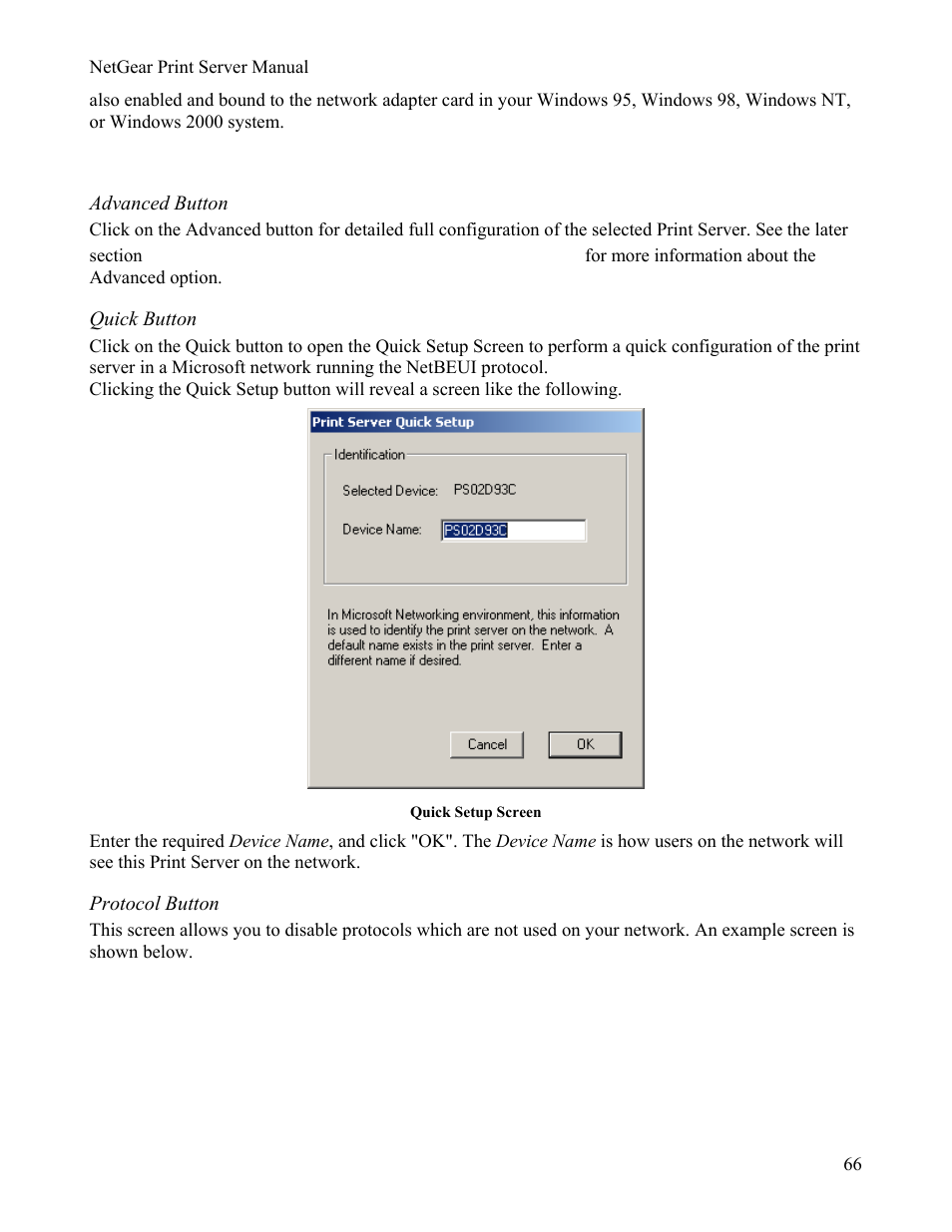 Buttons, Advanced button, Quick button | Protocol button, 2 advanced print server configuration | NETGEAR PS111W User Manual | Page 75 / 106