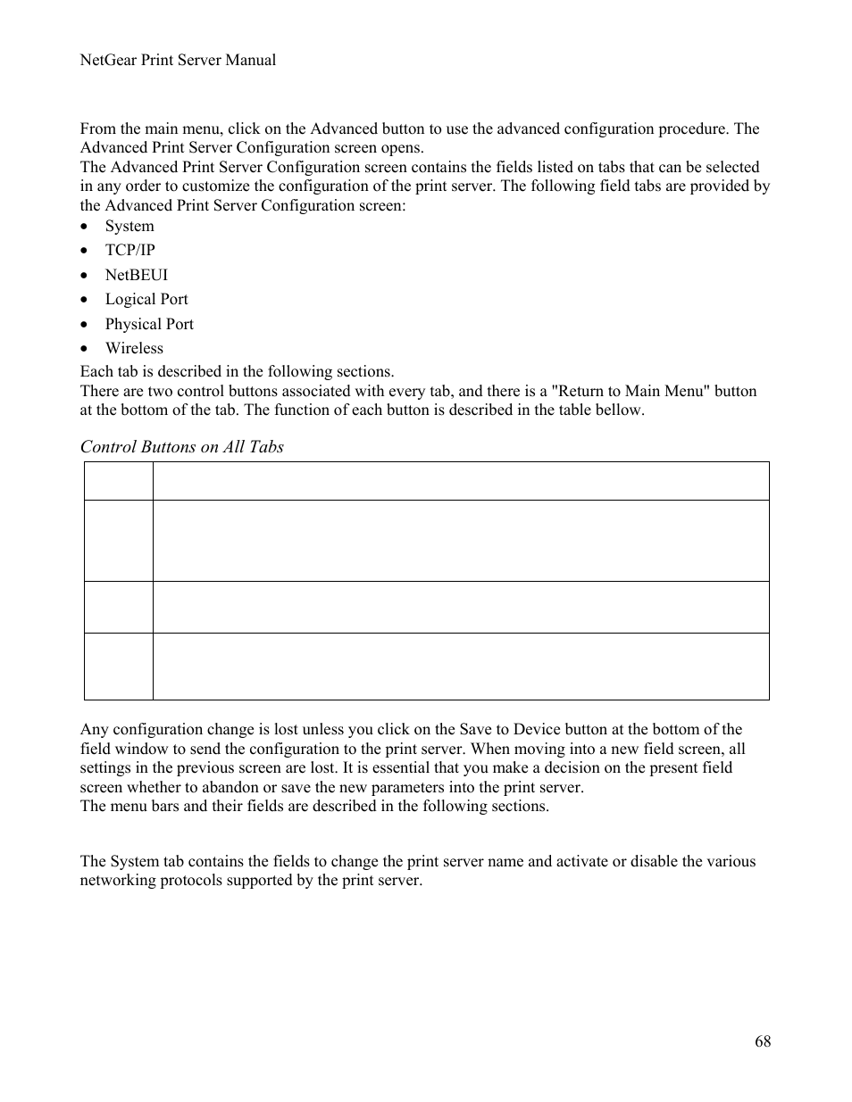 2advanced print server configuration, Control buttons on all tabs, System tab | Dvanced, Rint, Erver, Onfiguration, 2 advanced print server configuration | NETGEAR PS111W User Manual | Page 77 / 106