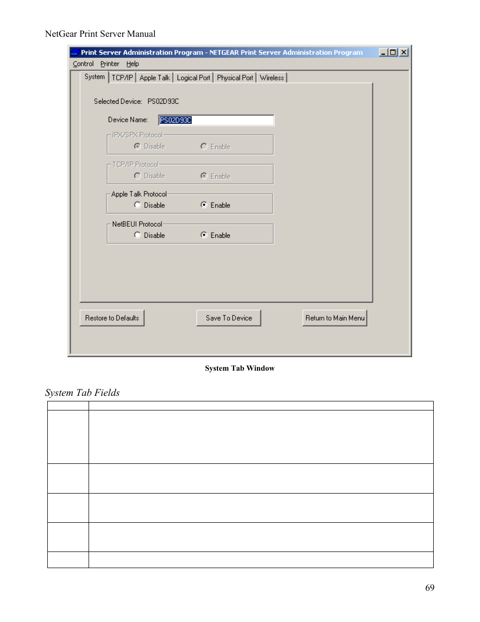 System tab fields, Tcp/ip tab | NETGEAR PS111W User Manual | Page 78 / 106