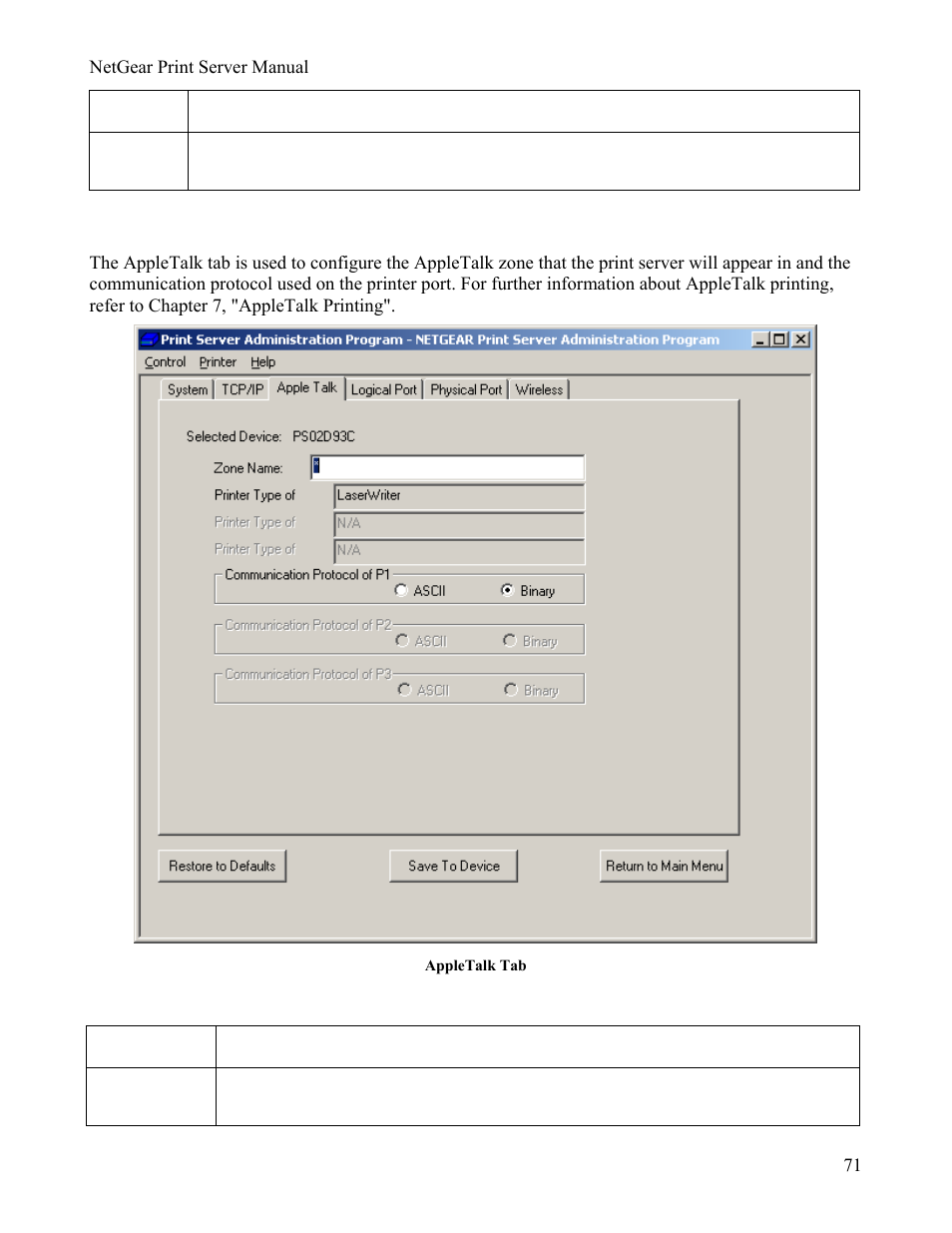 Appletalk tab, Appletalk tab fields | NETGEAR PS111W User Manual | Page 80 / 106