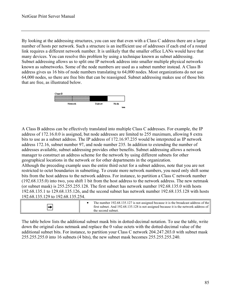 Subnet addressing, Example of subnetting a class b address, Netmask notation translation table for one octet | Ubnet, Ddressing | NETGEAR PS111W User Manual | Page 94 / 106