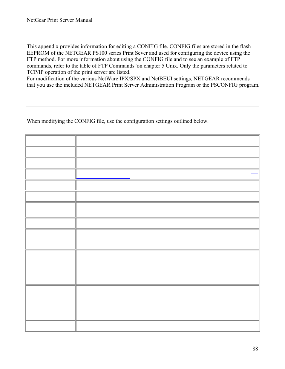 Appendix cconfig file, Config file tcp/ip settings, Configuration settings | Appendix c, Config file, Config f, Tcp/ip s, Ettings, Appendix c config file | NETGEAR PS111W User Manual | Page 97 / 106