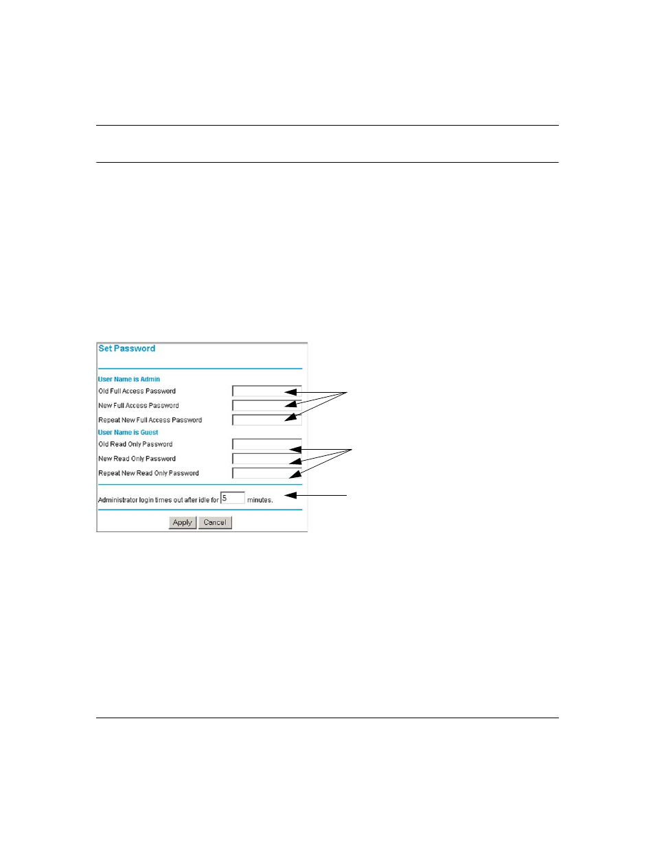 Administrator and guest access authorization, Changing the passwords and login timeout, Administrator and guest access authorization -8 | Changing the passwords and login timeout -8, For the | NETGEAR ProSafe FVS124G User Manual | Page 142 / 238