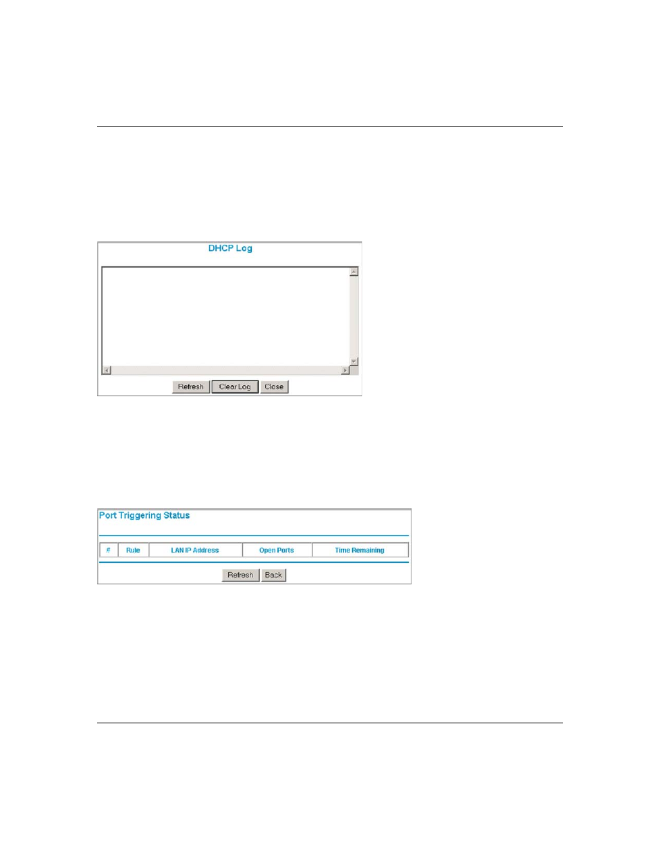 Dhcp log, Port triggering status, Dhcp log -22 | Port triggering status -22 | NETGEAR ProSafe FVS124G User Manual | Page 156 / 238