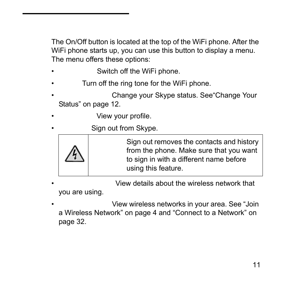 On/off button menu | NETGEAR Skype SPH101 User Manual | Page 15 / 56