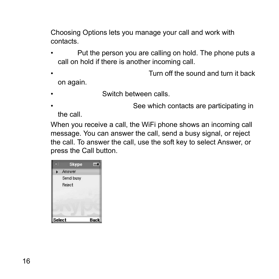 Options during a call | NETGEAR Skype SPH101 User Manual | Page 20 / 56