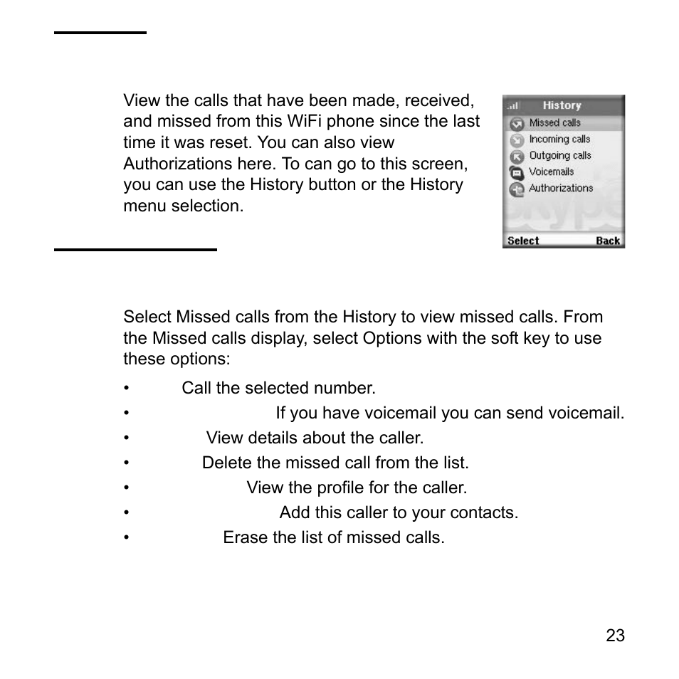 History, Missed calls, History missed calls | NETGEAR Skype SPH101 User Manual | Page 27 / 56