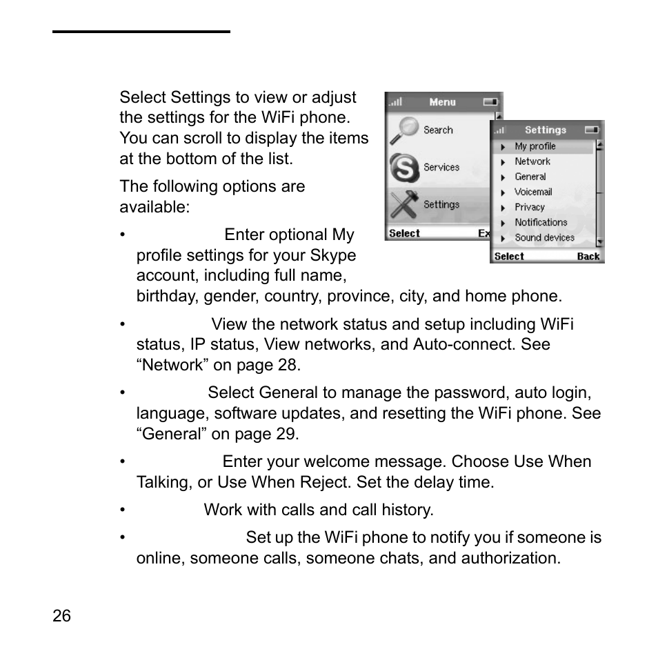 Settings menu | NETGEAR Skype SPH101 User Manual | Page 30 / 56