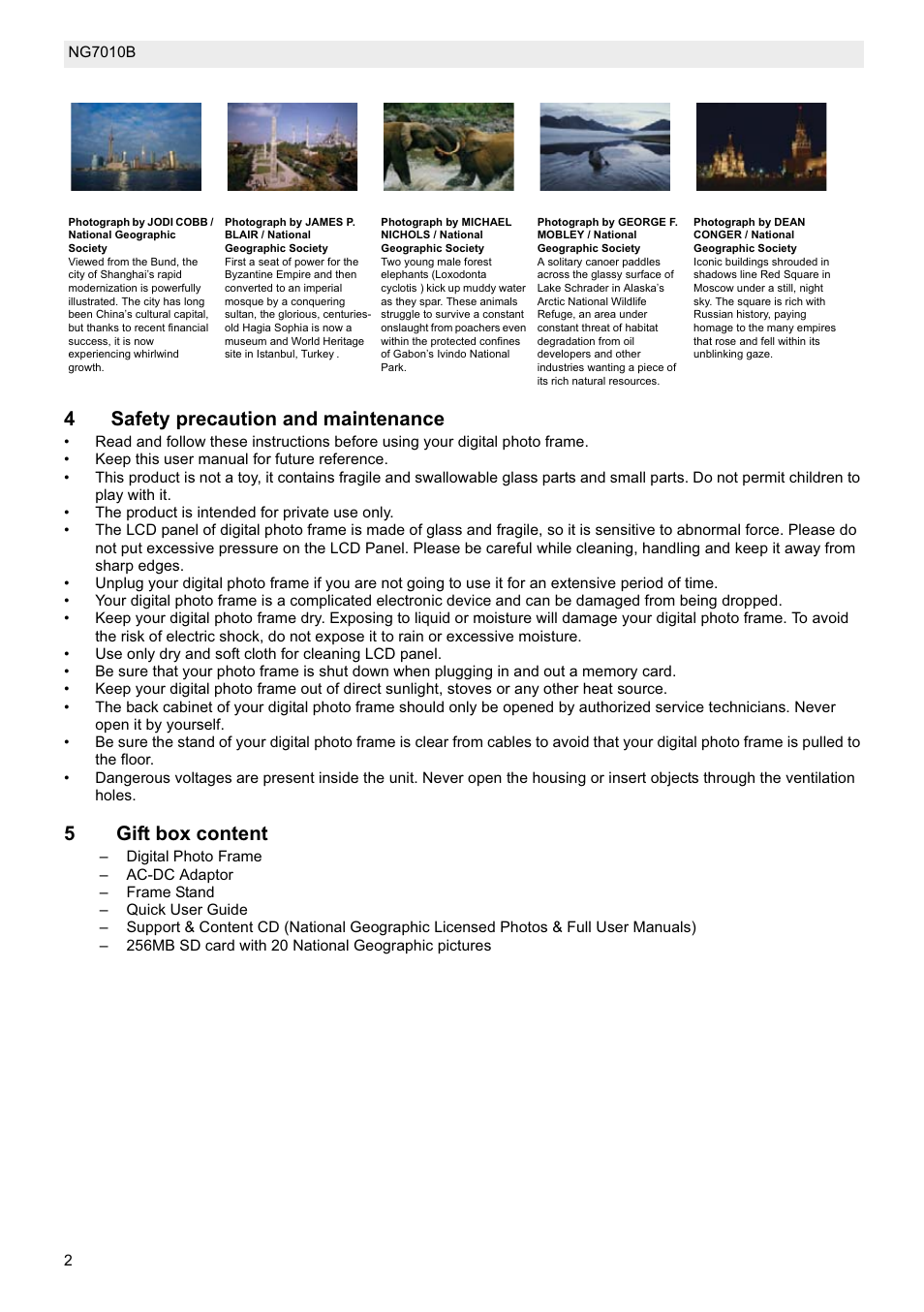 4safety precaution and maintenance, 5gift box content | National Geographic NG7010B User Manual | Page 2 / 5